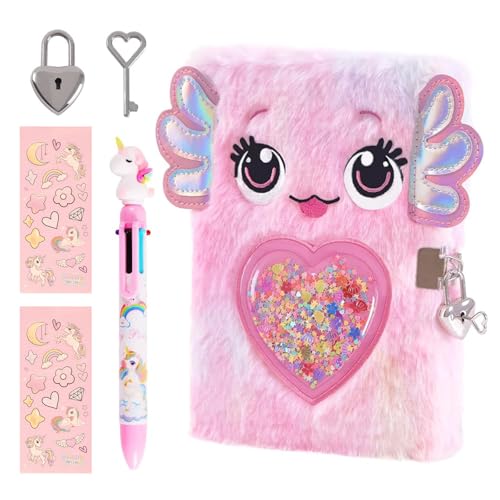 BelleVive Einhorn-Tagebuch für Mädchen mit Schloss und Schlüssel, Axolotl-Tagebuch, Kindertagebuch, Schul- und Reisenotizbuch-Geschenkset zum Schreiben und Zeichnen, mehrfarbiger Stift