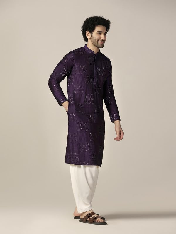 Kisah Men's Kurta, Purple Cotton, Embellished Regular Fit Mandarin Collar Long Sleeves (42)