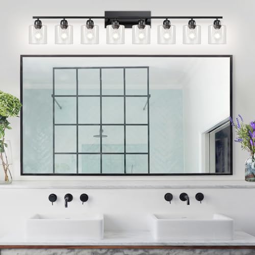 Image of Modern 8 Light Bathroom Light Fixtures, 52 inch Vanity Lights for Bathroom with Clear Glass, Black Bathroom Light Fixture for Mirror Kitchen Living Room Hallway Cabinet Porch