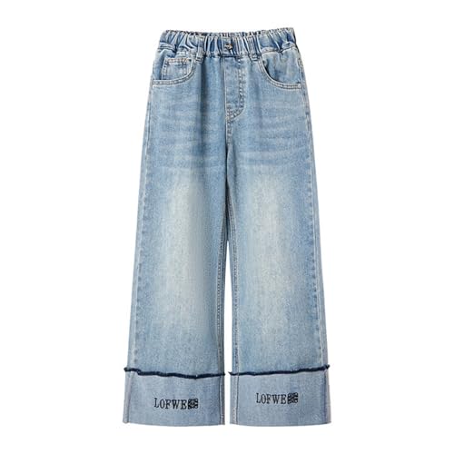 Girls Straight Leg Jeans Baggy Elastic Waist Wash Denim Pants Solid Casual Embroidery Loose Fit Trousers