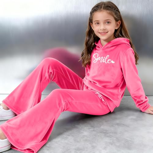 Image of 6-13 Years Girls Clothing Heart Print Hoodie Top + Heart Print Flare Leg Pants 2PC Clothing Set