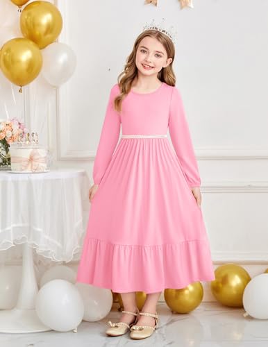 Image of Arshiner Girls Maxi Dresses Lantern Long Sleeve Casual Holiday Dress with Pockets for 5-14 Y