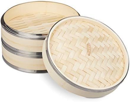 Relaxdays bamboe stoommandje, 2 etages, Ø 24 cm, met metalen rand...