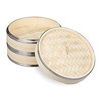 Relaxdays Vaporiera Bambù, 2 Cestelli, Anelli in Metallo, Cottura a Vapore di Riso e Ravioli Cinesi, Ø 24 cm, Naturale