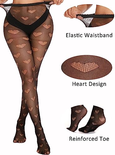 Image of Womens Heart Fishnet Stretch Polka Dot Nylon Soft Pantyhose High Waist Patterned Stockings Tights, Black, One Size