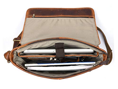 16" Crossbody Bag Leather Laptop Messenger Bag For Men with trolley sleeve for school office (Caramel)3