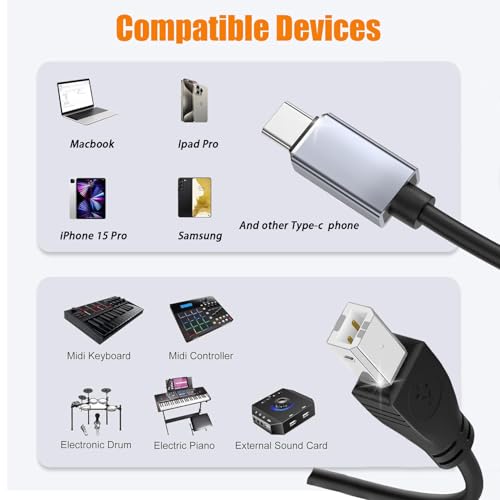 Aoiutrn USB C zu Midi Kabel, High Speed OTG Typ C zu USB 2.0 Midi Kabel Kompatibel mit iPhone 16/15/Huawei/Samsung zu USB Mikrofon, MIDI-Tastatur, elektronische Instrumente und mehr (Typ-c)