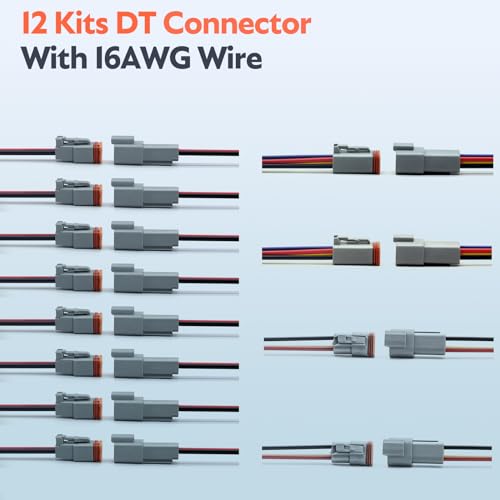 Amliber 12 Kits 2/3/4 Pin DT Connector Kit with 16 AWG Wire, DT 2/3/4 Wire Waterproof Automotive Electrical Connectors, Quick Connect Wire Connectors with Heat Shrink Tubing for Car Truck Boat