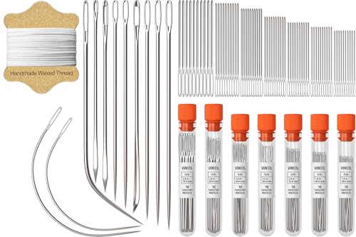Hilo de coser encerado (color blanco), agujas resistentes para manualidades (11 piezas), agujas de tapicería con ojo grande y punta roma (70 piezas) — agujas duraderas para coser a mano, adecuadas para cuero, lona y más