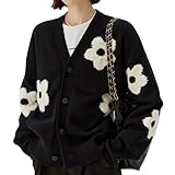 [andrei] 花柄 ジャガード カーディガン レディース 長袖 ニット 羽織 カジュアル モノトーン 秋冬 (ブラック, L)