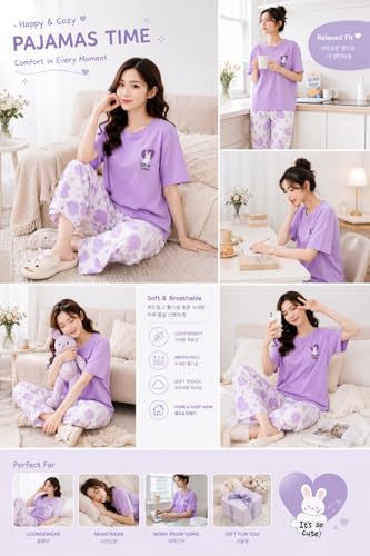 Image of Women's Pure Cotton Nightwear Set - Cute Printed Lavender Half Sleeve T-Shirt and Pajama Set for Girls, Comfortable Loungewear & Sleepwear
