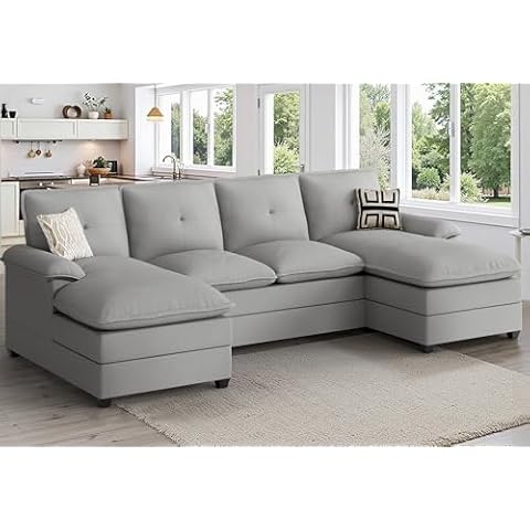 JAMFLY Sectional Couches for Living Room, U-Shaped Sofa Couch with Double Reversible Chaise, 4 Seat Sofa Set for Apartment, Light Grey Cover