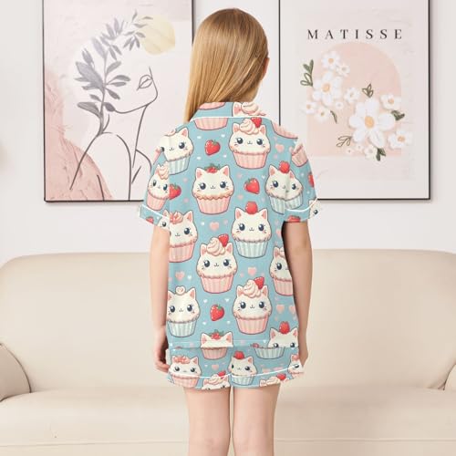 ALAZA Cat Cupcake Strawberry Pajamas Satin Pajama Set Short Sleeve Button Down Sleepwear4
