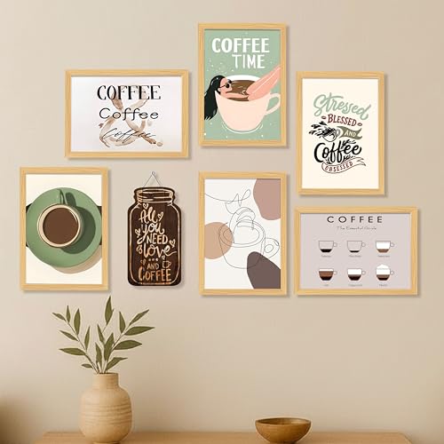 Image of PAINTINGMANTRA Coffee Retro Theme Kitchen & Cafe Framed Wall Art Painting Food Kitchen Quotes Painting With Frame Wall Decor for Home, Restaurant, Cafe, Set of 7 (1 MDF wall Hanging) 9x13 Inch