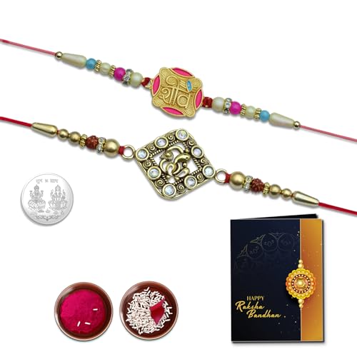 Image of Oblivion Ganpati Design Rakhi Set of 2 for Brother with Silver Colour Pooja Coin, Tilak Set and Greeting Card for Raksha Bandhan Celebration