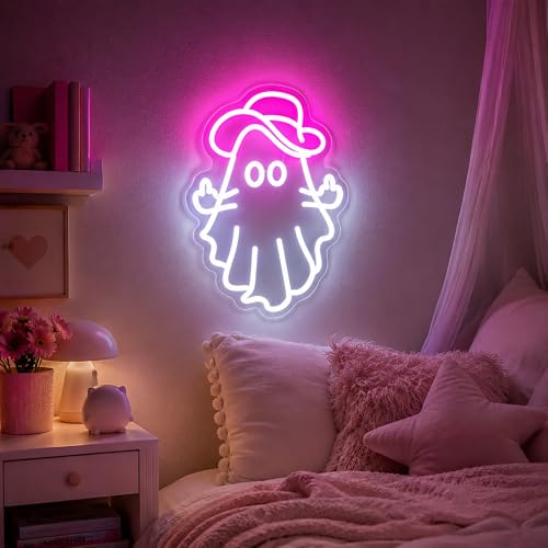 Image of Neon Sign, Ghost Neon Signs for Wall Decor LED Signs Neon Light | Cowboy Ghost Neon Sign for Bedroom, Gaming Room, Kids Room, Party, Bar, Halloween Decor, Home Decor, Boys Gift, USB Powered