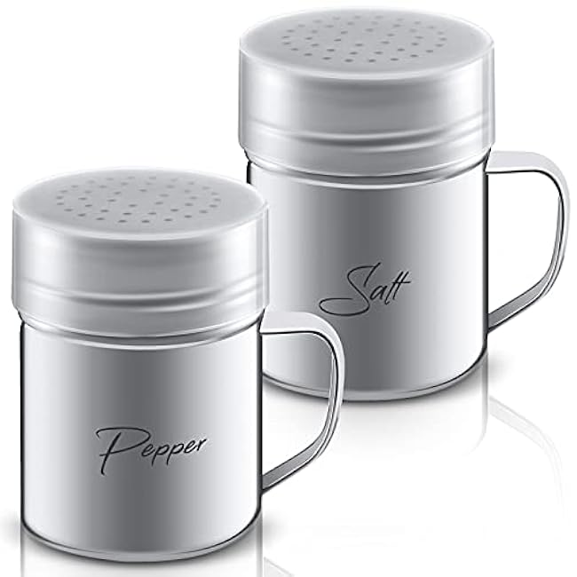 2-pack 13.5oz Stainless Steel Salt and Pepper Shakers with Lid and Handle Seasoning Dredge Shaker for Cooking Kitchen Baking Salt Candy