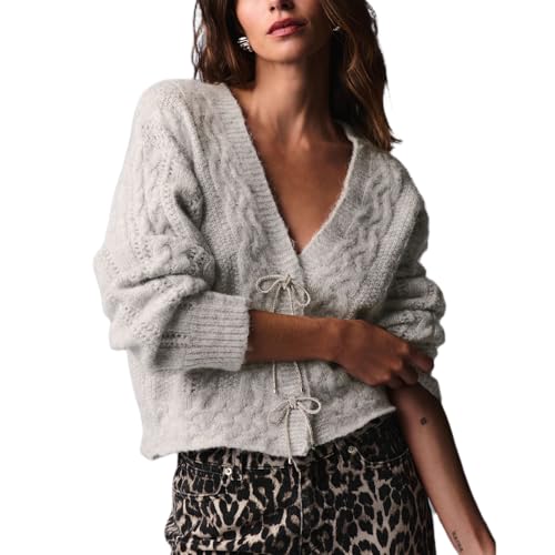 Women Y2K Solid Color Knit Cardigan Long Sleeve V Neck Bow Button Open Front Sweater Top Vintage Going Out Knitwear