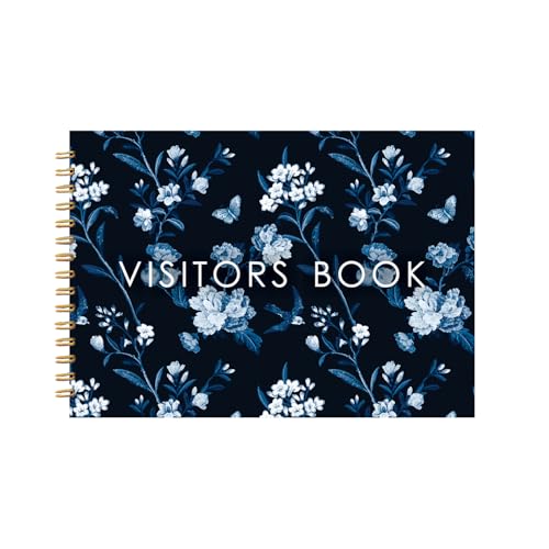 Image of Visitor Book - 8 x 12 Inches | Navy Blue Floral Wire Bound Guest Register for Hotels, Offices, Exhibitions, Boutiques & Business Use | Medium Size Visitor Log Book for Reception & Front Desk