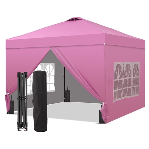 GDY 10x10 Pop Up Canopy Tent with 4 Sidewalls, Easy Set up with One Push Lift Outdoor Silver Coated Beach Gazebos, Carpas with 4 Sandbags, for Outdoor, Parties,Camping, Light Pink.