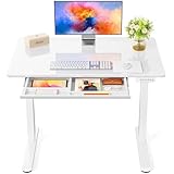 Marsail Glass Standing Desk with Drawer 37 x 22 Inches Stand up Desk Standing Desk Adjustable Height with One-Piece Tempered Glass Top, Ergonomic Home Office Desk with 4 Preset Heights White