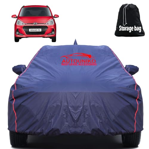 Image of 100% Waterproof Car Body Cover for Hyundai Grand I10 with Mirror and Antenna Pocket and Soft Cotton Lining (Full Bottom Elastic Triple Stitched) (Grey with Red Piping) (Dark Blue)