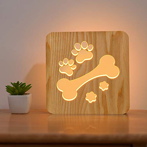 FULLOSUN Lampe de chevet en bois en forme d'os de chien, illusion 3D, belle veilleuse pour chiot, meilleure décoration de chambre à coucher avec dessin animé creux pour enfants