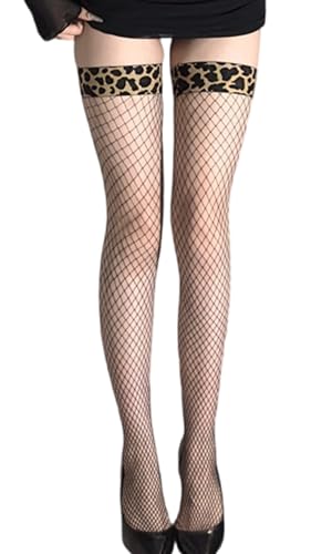 VAELORA Sexy Leopard Top Fishnet Thigh High Stockings for Women, Mesh Pantyhose Club Party Lingerie Hosiery