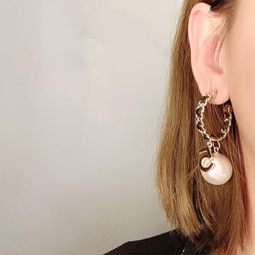 Vintage Number 5 Pearl Hoop Earrings Elegant Pearl Hoop Earrings for Women, Trendy Black Chain Gold Plated Number 5 Dangle Earrings2