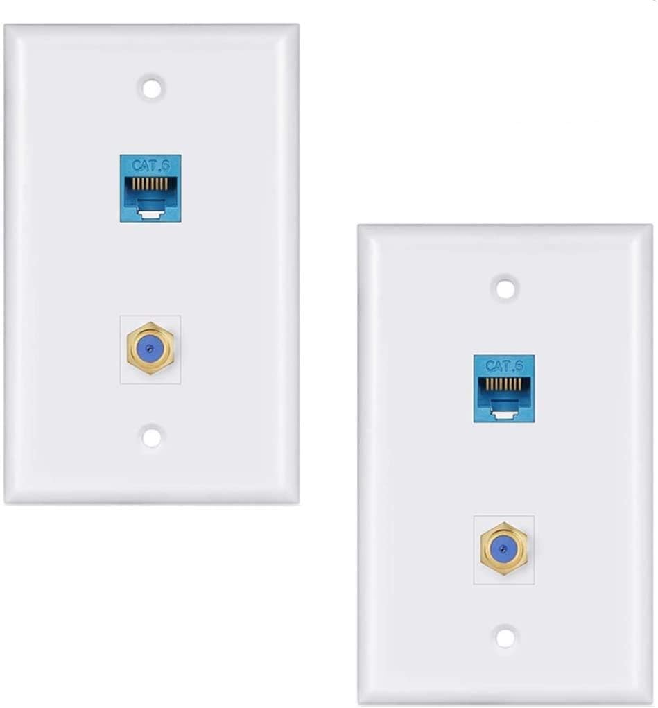 Ethernet Coax Wall Plate 2Pack,1 Cat6 Ethernet Port and 1 Gold-Plated Cable TV Coax F Type Port Wall Plate (White)