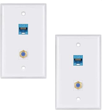 Ethernet Coax Wall Plate 2Pack,1 Cat6 Ethernet Port and 1 Gold-Plated Cable TV Coax F Type Port Wall Plate White