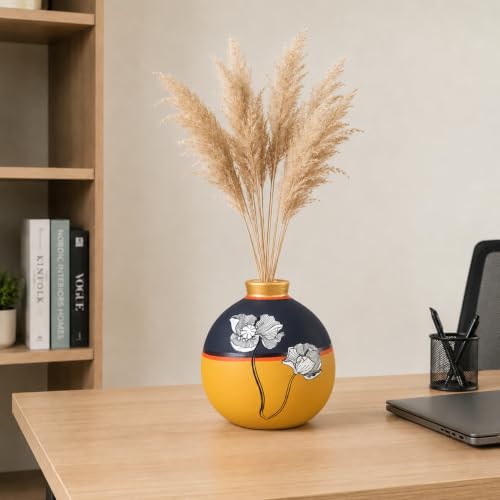 Image of Aakriti Art Creations Sunset Flower Terracotta Matki Vase (5x5x6) | Handmade Floral Art Decorative Vase | Matte Finish Yellow Flower Vase for Living Room Decor, Table Decor, Shelf Decor & Gifting