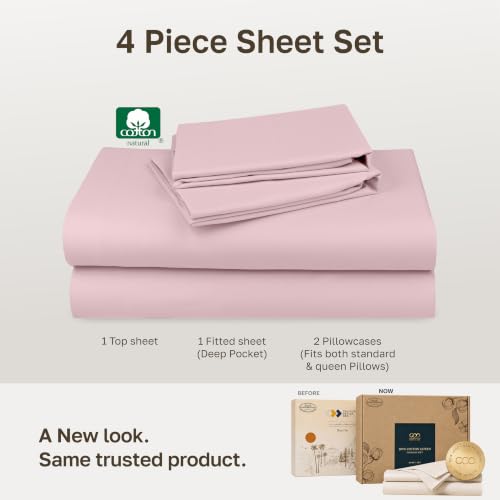 Image of Soft Natural 100% Cotton Sateen Queen Bedsheets, 4 Pc Set, Pink