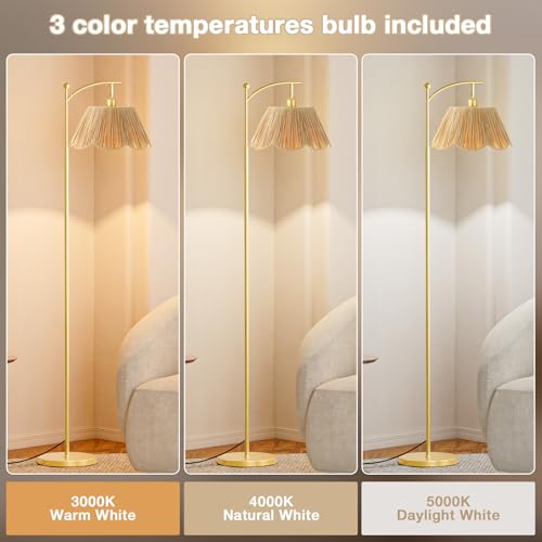 Image of Ambimall 60 inch Floor Lamps for Living Room with 3 Color Temperatures, Gold Floor Lamp with Rattan Shade, Modern Tall Lamps for Bedroom Office, 9W LED Bulb Included