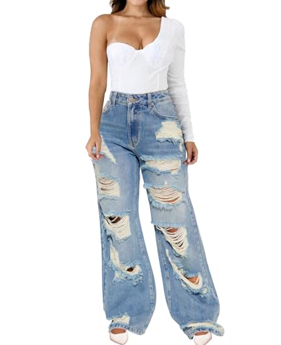 IbuduSexy Women's Mid Waisted Wide Leg Distressed Jeans Ripped Retro Denim Pants3