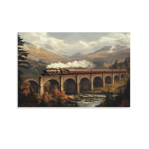 EUUMKOO Lienzo decorativo para pared, diseño de tren de montaña, puente de campo, río, pintura sobre lienzo, póster impreso, decoración para el hogar, sala de estar, dormitorio, decoración de pared