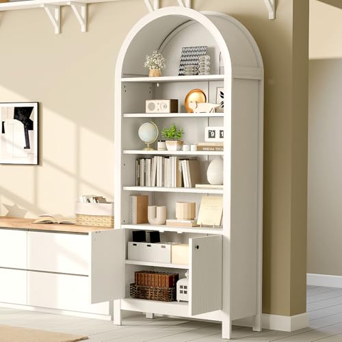 GOODONE 71' Tall Arched Bookcase - Arched Bookshelf with 2 Doors & Adjustable Shelves, Tall Arched Storage Cabinet for Living Room, Kitchen，Home Office（White）