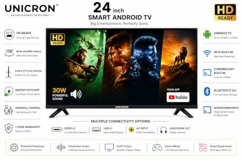 Image of UNICRON 24 inch smart tv Android Frameless HD LED TV | WiFi Enabled | Built-in Apps Compatible (YouTube, Netflix, Prime Video) | HDMI, USB Connectivity | Screenmirror | Slim & Stylish |