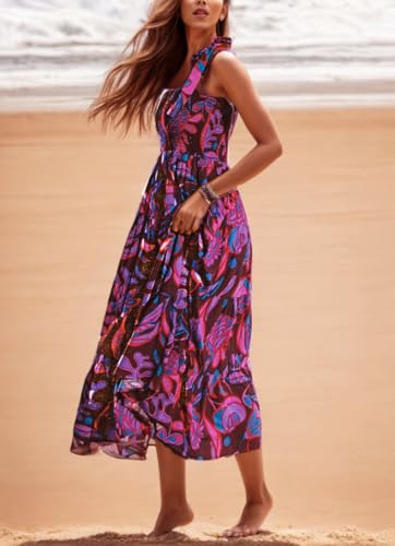 Image of kinstell Women's Summer Boho Spaghetti Strap Square Neck Ruffle Casual Flowy Long Dress Beach Swing Party Maxi Dress