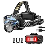Sefitopher Head Torch Rechargeable,80000LM Super Bright 9 Modes LED Headlight Red Warning and Sensor,IP65 Waterproof 90°Adjustable Focus Headlight for Running, Camping, Hiking, Fishing etc (9 Modes)