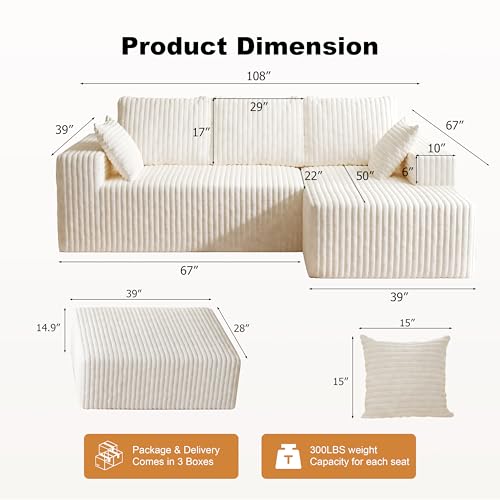Image of Modular Sectional Sofa Couches L-Shape Couch 3 Seat Modular Sofa Memory Foam Sectional Couches for Living Room (White, 108 inch+Right Chaise + Ottoman)