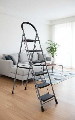 FLIPZON Halo Foldable 6 Step Ladder for Home and Office Use | Alloy Steel | Wide Steps | Wobble-Free | Skid-Free Steps | Durable Safety Ladder | Rust Free | Anti-Skid (Grey & Black) - Image 2