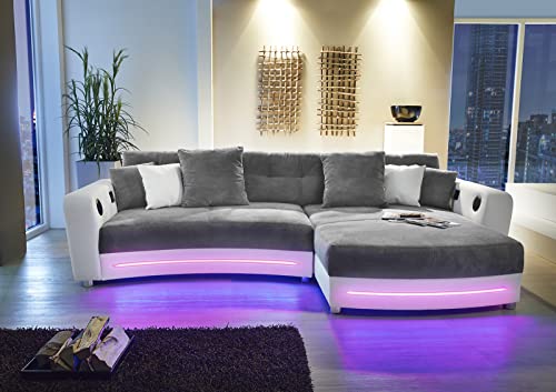 Multimedia Ecksofa B322/T190/H88 cm mit RGB-LED Beleuchtung, Soundsystem inkl. Bluetooth, USB, AUX-in, Couch spiegelverkehrt montierbar, Korpus in Kunstleder Weiß u. Bezug in Mikrofaser Grau / 15410 – Bild 3