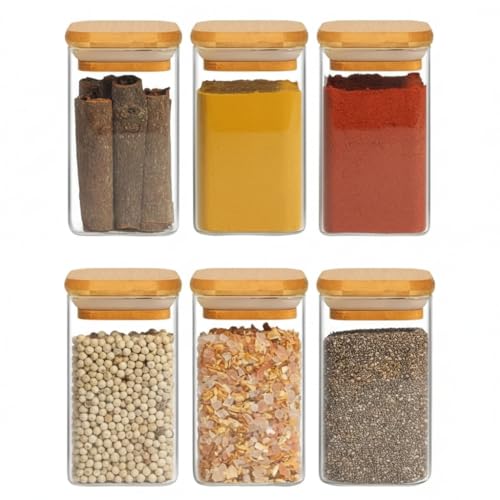 Image of Glass Food Storage Containers with Airtight Bamboo Lid, Coffee Storage Jars for Home Kitchen, Pantry Tea, Spices, Snack (SQUARE 280 ML JAR, SET OF 6)