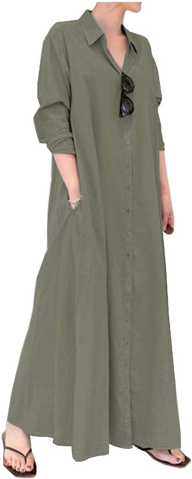 Ladyful Women's Button Down Cotton Linen Shirt Dress Long Sleeve Maxi Shirtdress Beach Summer Dress Pockets