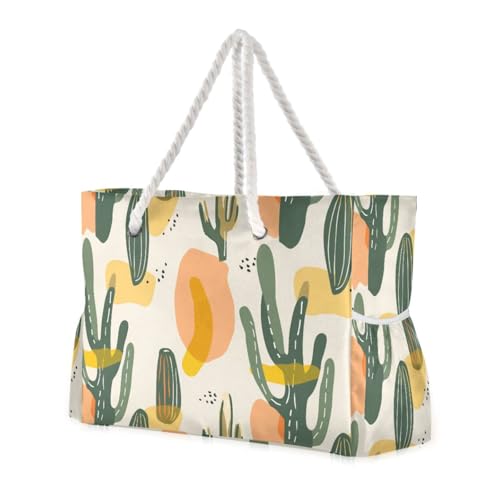 Bohemian Abstract Cactus Portable Womens Travel Tote with side pocketes Large Weekender Bags for beach&school&work