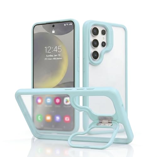 Image of amazon basics Frosted Matte Case for Samsung Galaxy S25 Ultra 5G | Built-in Flip-Out Camera Lens Stand | Translucent Back with Contrast Blue Bumper | Shockproof Protective Cover