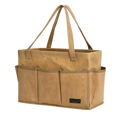 Heavy-Duty 16-oz Waxed Canvas Tool Bag with Metal Frame - Collapsible Organizer Tote Bag(Khaki | 15.5"x7.5"x10.5")