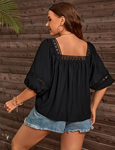 Blooming Jelly Womens Summer Plus Size Tops Flowy Chiffon Blouses Square Neck 3/4 Puff Sleeve Business Casual Loose Fit Cute Boho Lace Shirts (Medium, Black) #TOP1