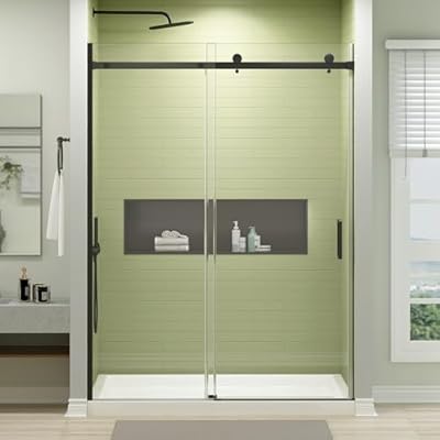 EASYWORC Frameless Shower Door, 56-60" W x 76" H Sliding Glass Shower Door with 1/4" (6mm) Clear Tempered Glass, Reversible Installation, Matte Black